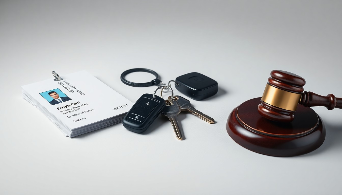 A photorealistic studio still-life featuring a stack of employee ID cards, a set of car keys, and a gavel on a clean, monochromatic background, symbolizing the need for ongoing workforce monitoring.