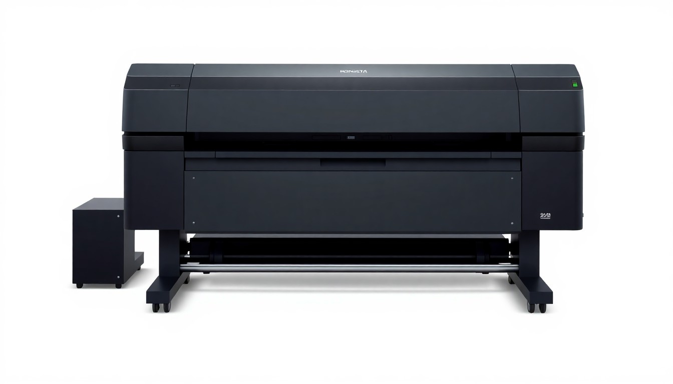 A close-up view of a sleek, minimalist wide-format printer with a matte black body, clean lines, and subtle metallic accents, conceptually representing Konica Minolta's latest innovation in high-speed, flexible printing technology.