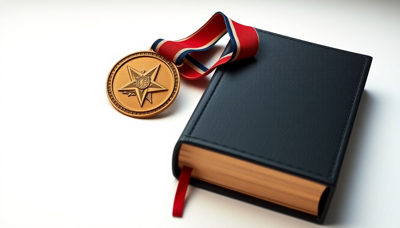 A photorealistic studio still life featuring a bronze military medal and a black leather-bound book, conceptually representing the distinguished career of a security industry leader.
