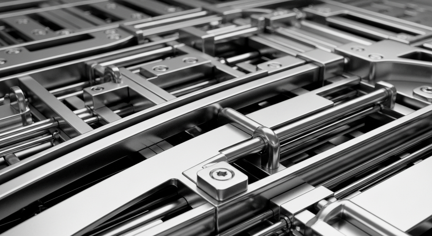 An extreme close-up of a complex array of gears, levers, and mechanical components in a sleek, industrial design, representing the sophisticated financial technology that drives Stagwell's marketing innovations.