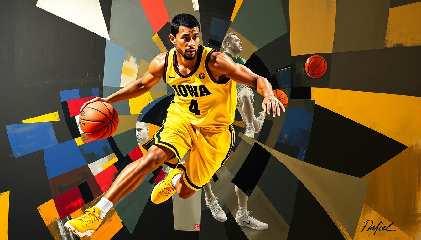 A cubist, geometric painting depicting a basketball player in motion, with sharp, overlapping planes of color representing the player's movements on the court.
