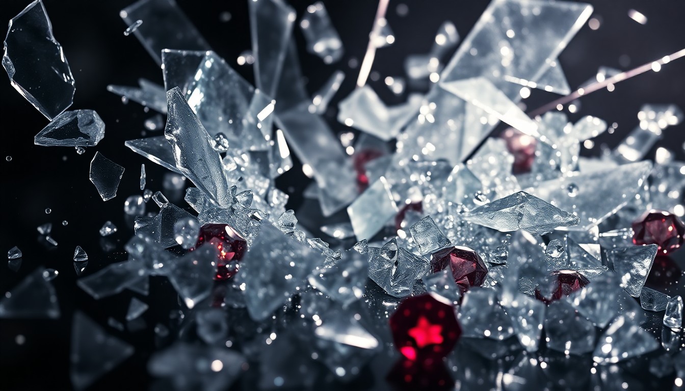 An extreme close-up image of shattered glass and sparkling gemstones, captured in dramatic studio lighting to create a sense of high-end glamour and underlying tension.