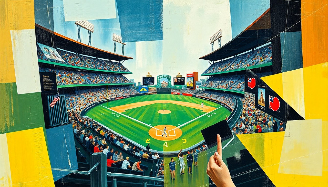 A cubist-style painting featuring overlapping geometric shapes and planes in shades of red, blue, and yellow, abstractly representing the action and energy of a baseball game.