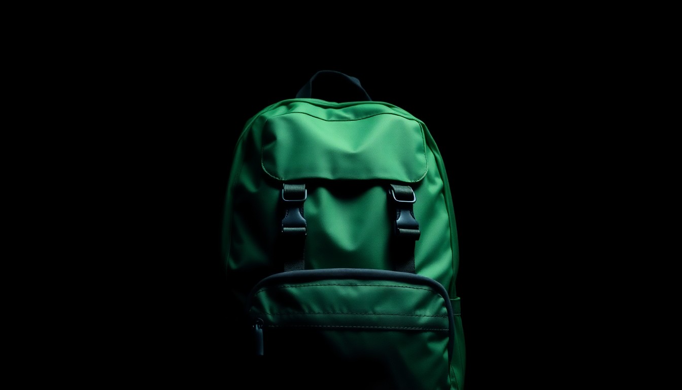 An extreme close-up photograph of a green backpack against a pitch-black background, lit by a harsh, direct camera flash to create a stark, gritty, investigative aesthetic.