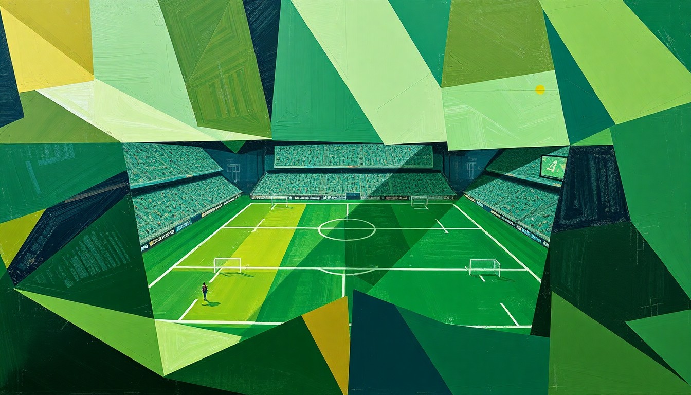 A fragmented, cubist-style painting depicting a football field broken down into sharp, angular planes of green, brown, and blue, conveying the complex, multi-faceted nature of the legal dispute between a sexual misconduct victim and a university's athletic program.
