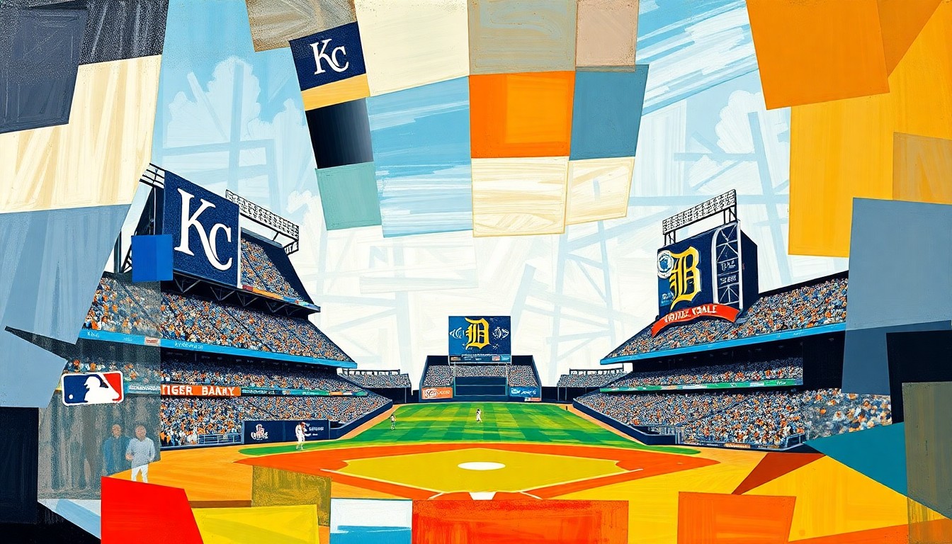 A cubist-style painting featuring overlapping geometric shapes and planes in shades of blue, orange, and green, conceptually representing the action and energy of a baseball game between the Kansas City Royals and Detroit Tigers.