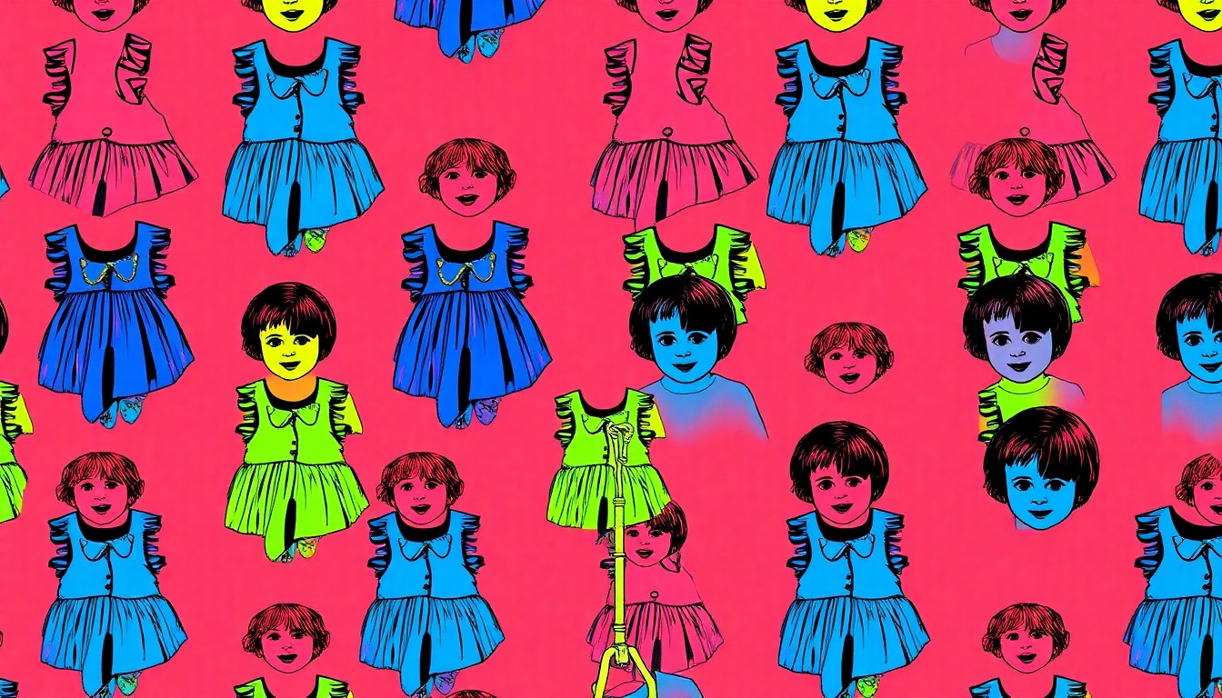 A bold, colorful silkscreen-style illustration featuring a repeating pattern of a child's ruffle-trimmed outfit in bright neon hues, conceptually representing the partnership between children's apparel brands and a military support organization.