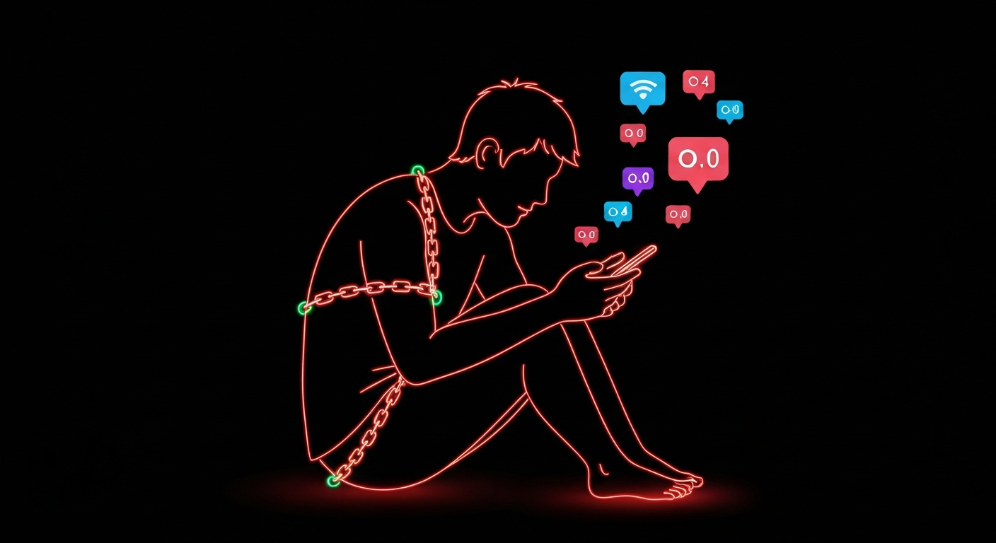A minimalist neon outline illustration depicting a person hunched over a glowing smartphone, trapped in a web of vibrant neon chains, with notification icons floating around them, conceptually representing the complex and potentially addictive nature of social media use.