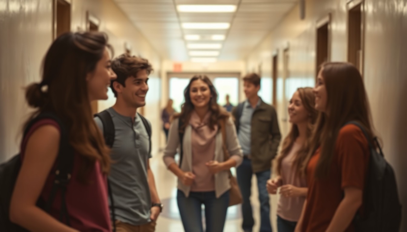 An abstract, out-of-focus photograph in warm, muted tones depicting a group of high school students conversing in a hallway, with blurred silhouettes of teachers and administrators in the background, conveying the collaborative and supportive atmosphere of the school.