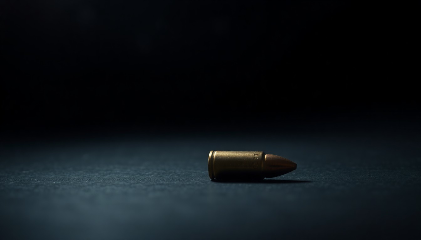 An extreme close-up photograph of a single spent bullet casing on a dark surface, lit by a harsh, direct camera flash, conceptually representing the tragic aftermath of a family-related shooting.