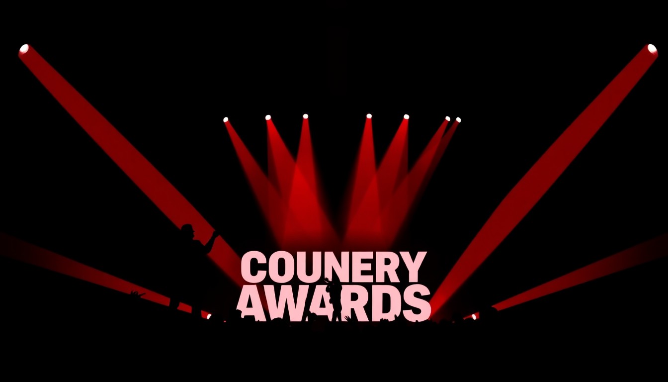 A dynamic, abstract illustration featuring bold black silhouettes and high-contrast solid colors like red and white, capturing the energy and excitement of a major country music event.