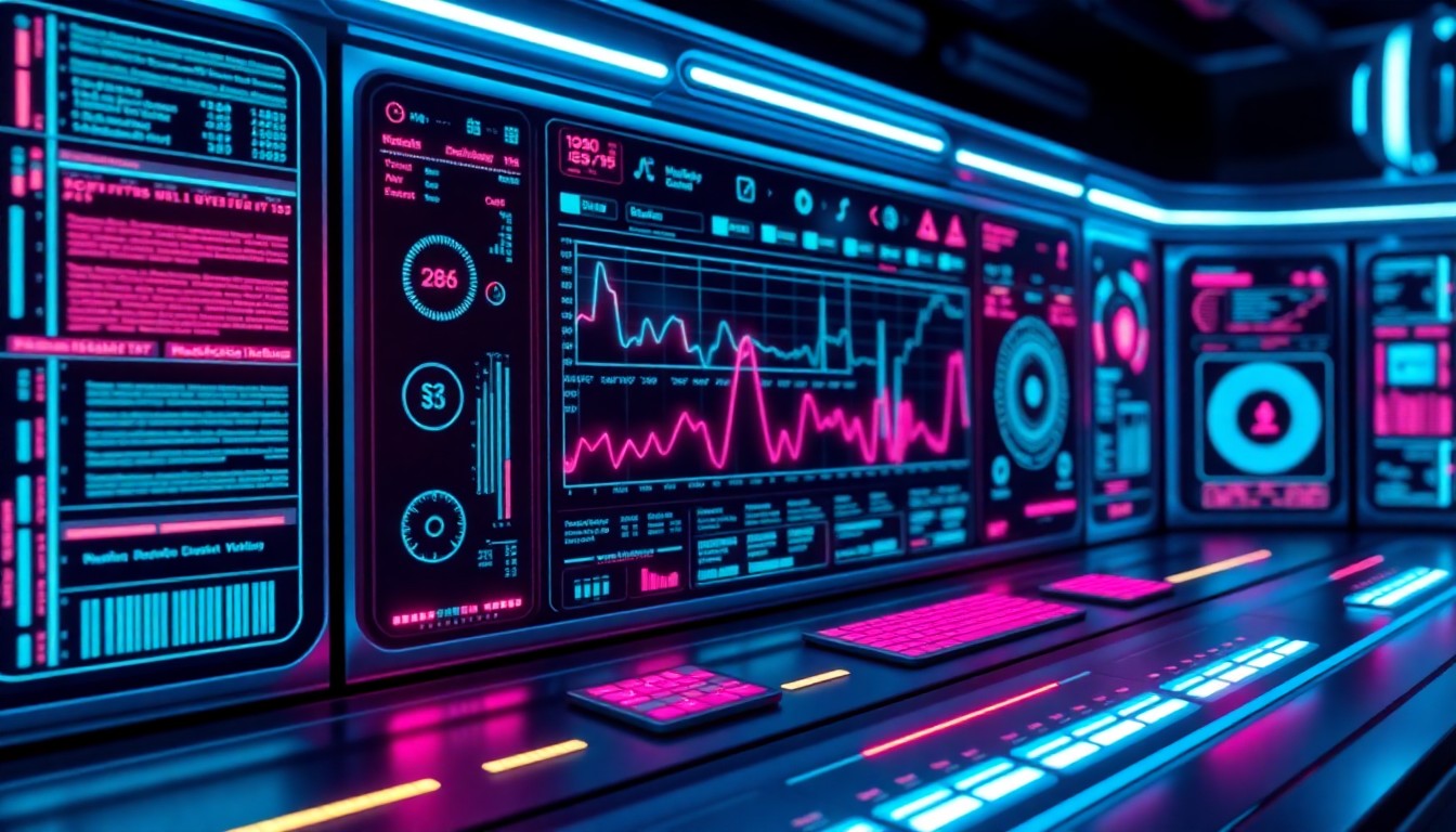 A highly detailed 3D illustration of a glowing, futuristic control panel or data visualization dashboard, featuring illuminated neon cyan and magenta lights, sleek metallic surfaces, and complex digital interfaces, conceptually representing the technological advancements enabling the scaling of immersive content production.
