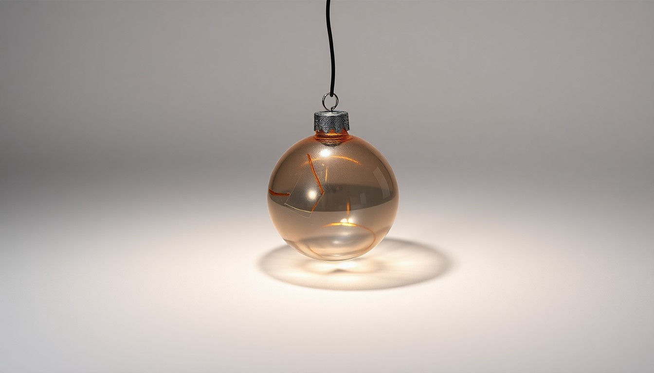A photorealistic studio still-life photograph of a single Christmas decoration ornament with exposed wires on a clean, monochromatic background, conveying the potential fire hazard of the faulty product.