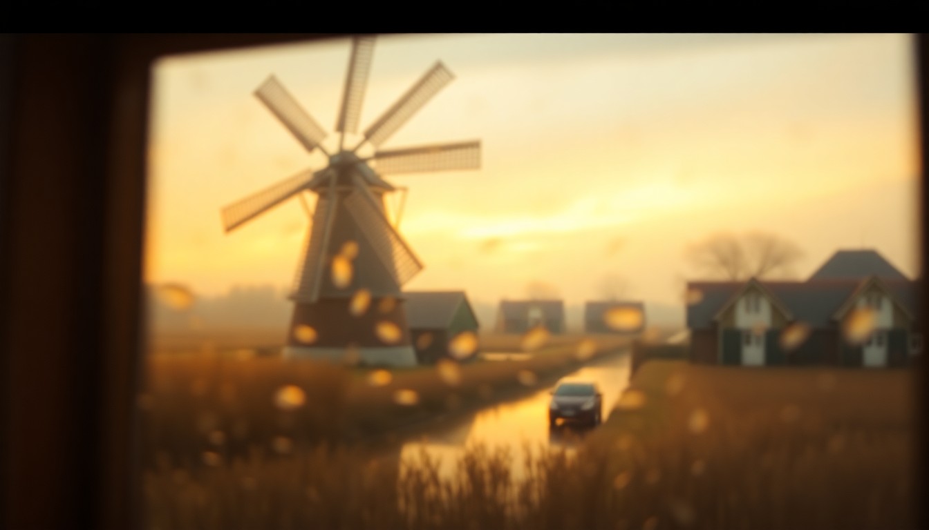 An abstract, impressionistic scene of a traditional Dutch windmill reflected in a rain-streaked window, with soft, warm pools of golden light and muted colors, conveying the celebratory yet reflective mood of a community festival.