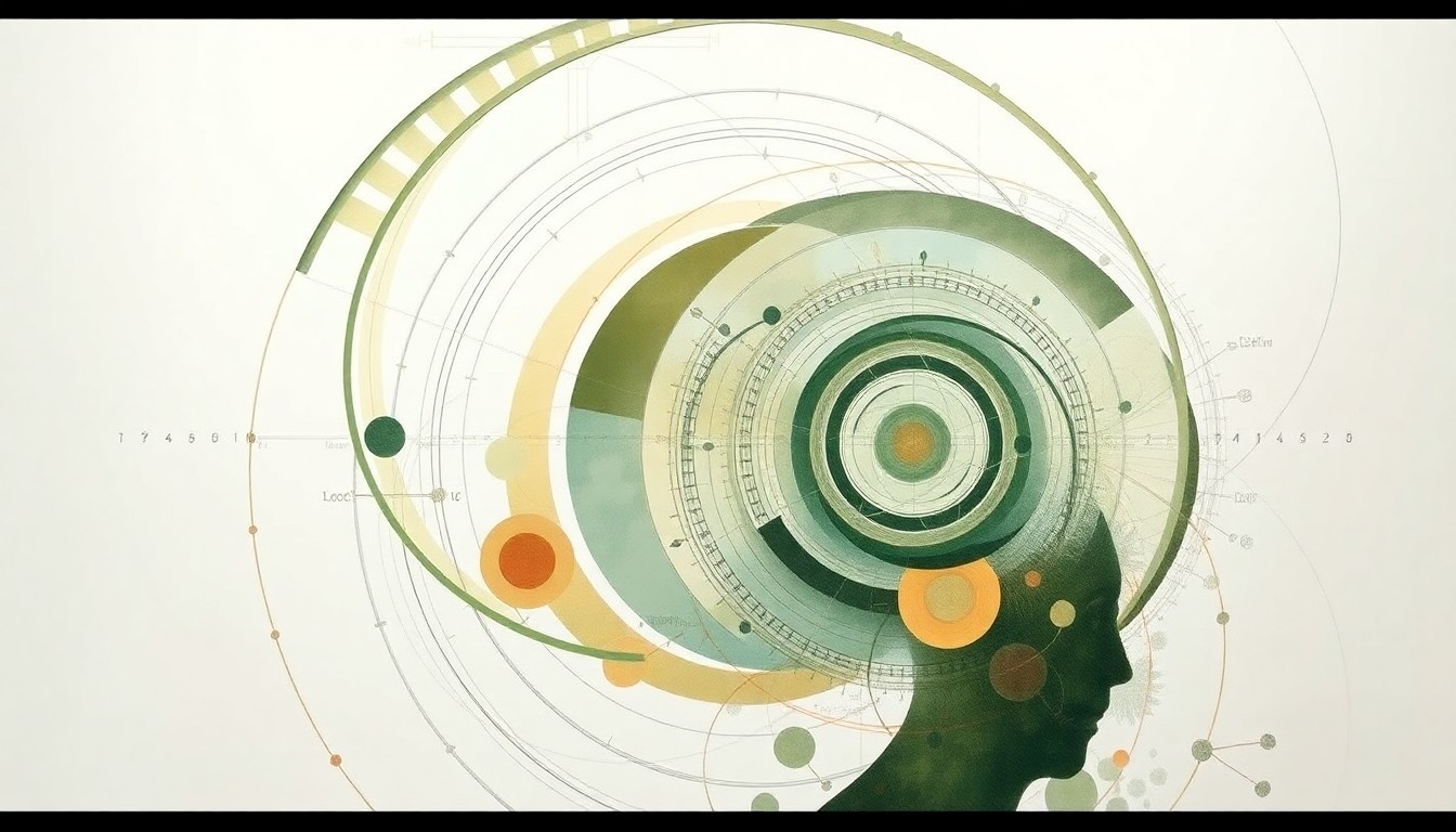 A highly textured, abstract painting in muted earth tones, featuring sweeping geometric shapes, concentric circles, and precise botanical spirals, conceptually representing the complex interplay between digital technology and human cognition.