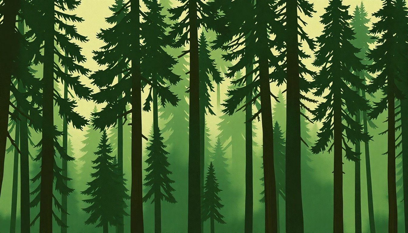 A fractured, abstract painting in earthy greens and browns depicting the overlapping, geometric shapes of pine tree silhouettes, conveying a sense of disruption and uncertainty surrounding the restructuring of the U.S. Forest Service.