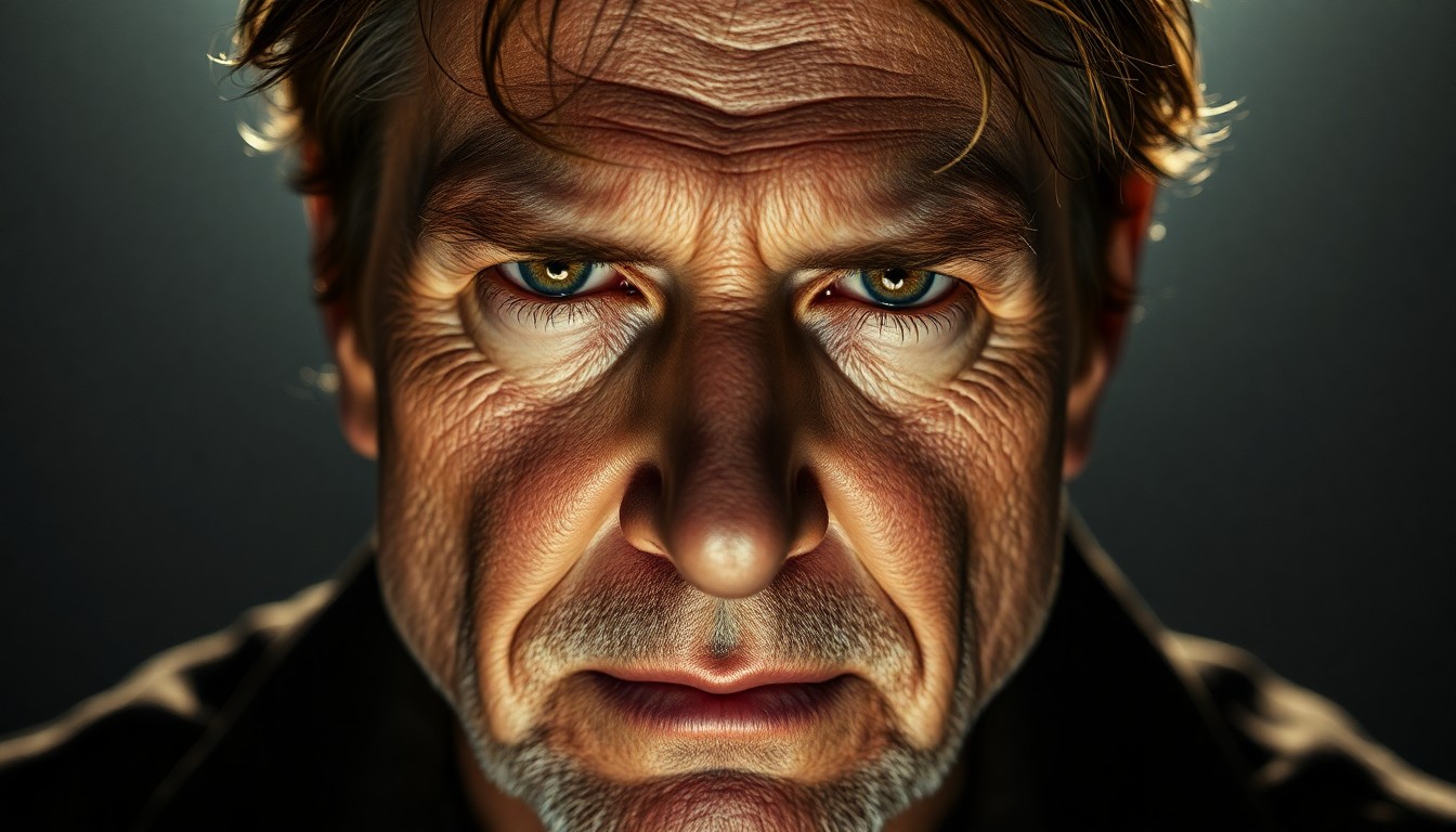 An extreme close-up photograph of Tom Cruise's aged, weathered face, with dramatic shadows and highlights that accentuate the actor's dramatic physical transformation for his role in the film 'Digger'.
