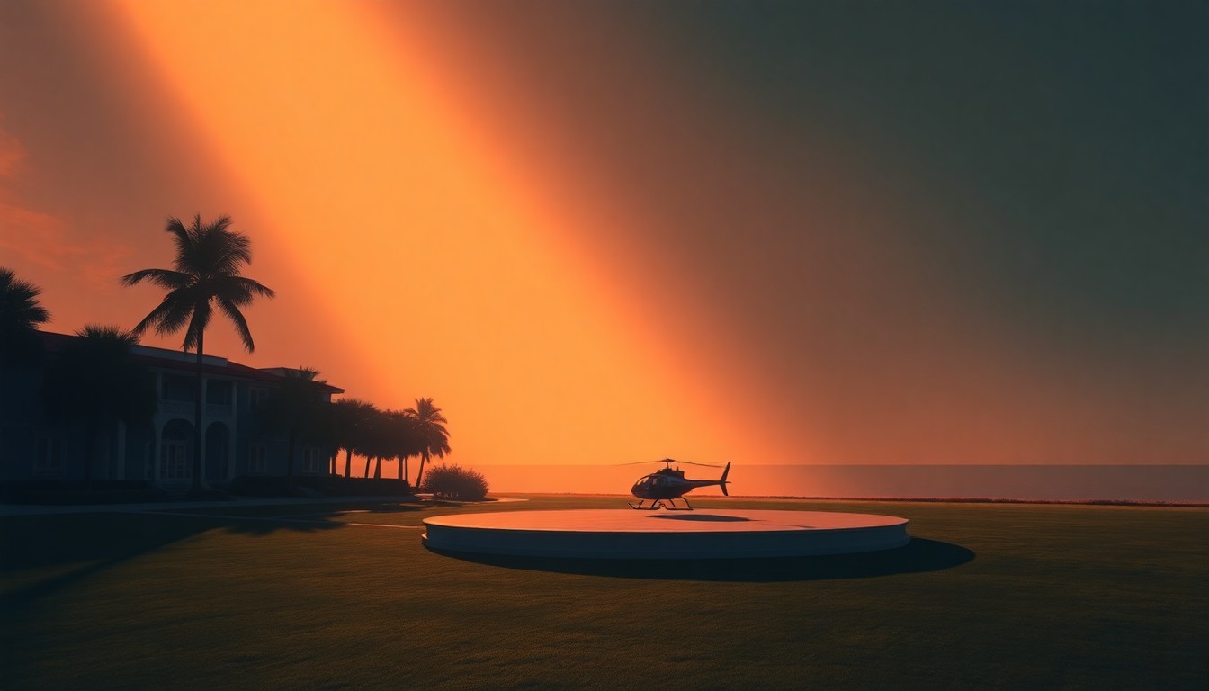 A serene, cinematic painting of a solitary helipad on a lush, manicured lawn, with the iconic Mar-a-Lago club visible in the background, bathed in warm, golden light and deep shadows, conceptually representing the ongoing tensions between private interests and community concerns.