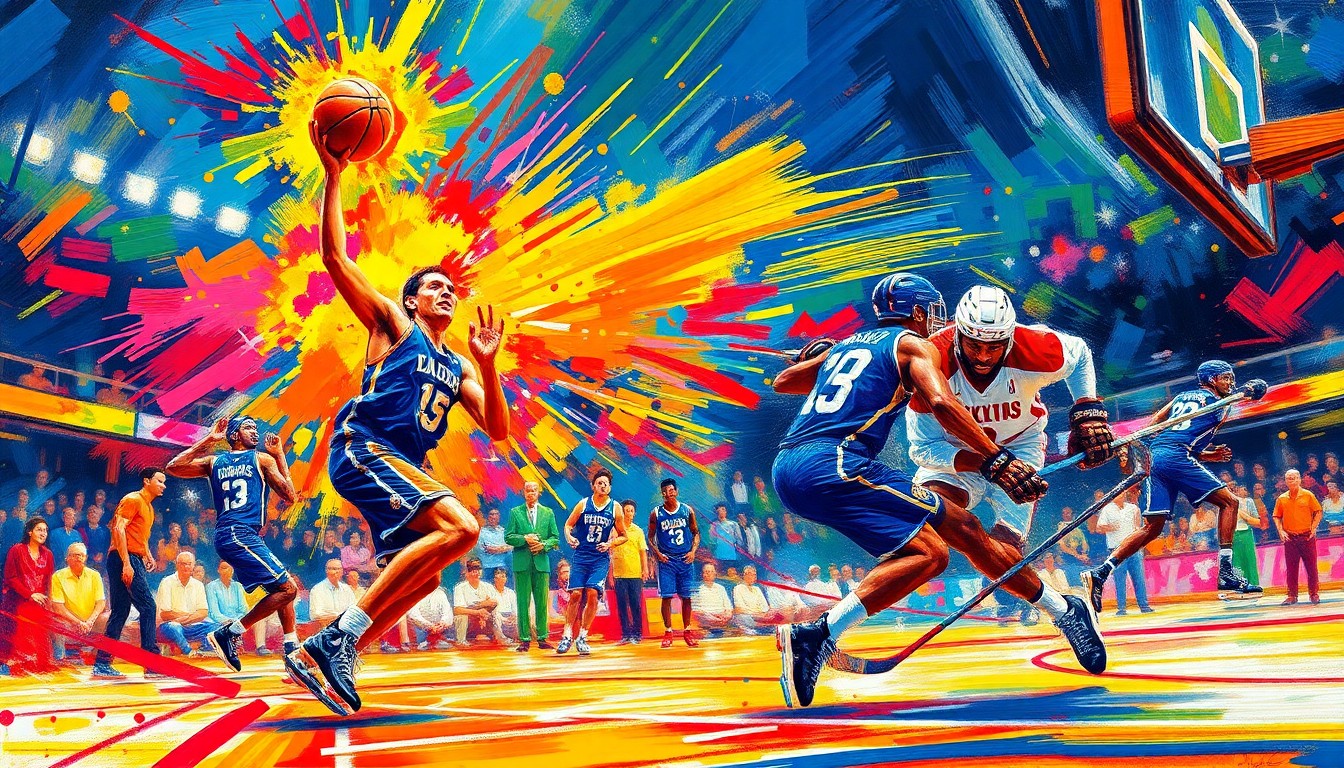 An abstract, expressionist painting in vibrant neon colors, with rapid brushstrokes conveying the dynamic motion and energy of a basketball game and hockey match.