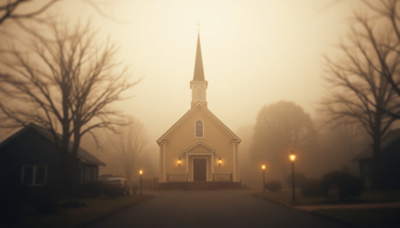 An extremely abstracted, out-of-focus photograph in soft pools of warm color and light, depicting the outline of a small-town church, conceptually representing the quiet contemplation and community gathering to remember a local resident's life.