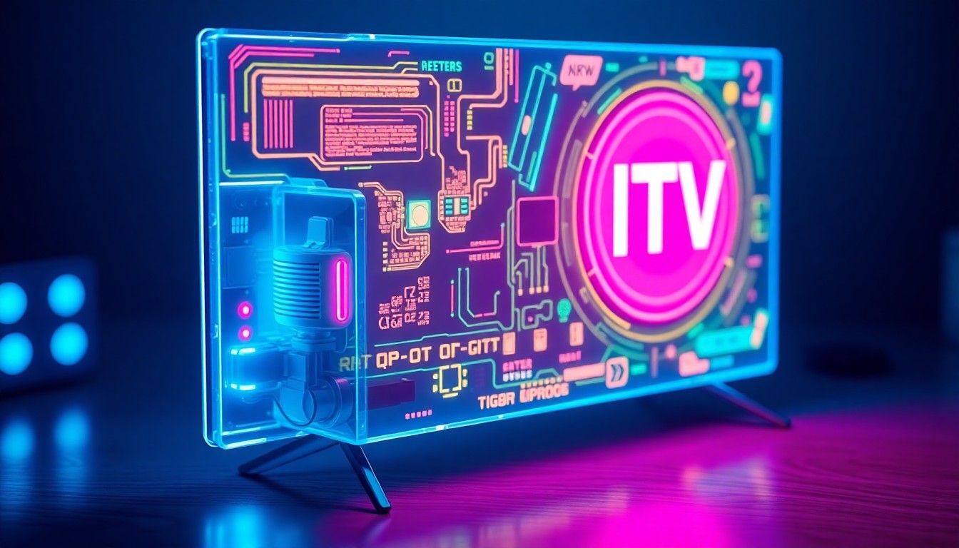 A highly detailed, glowing 3D illustration of a Smart TV device with various illuminated tech components, representing the integration of digital IPTV services with physical home entertainment hardware.