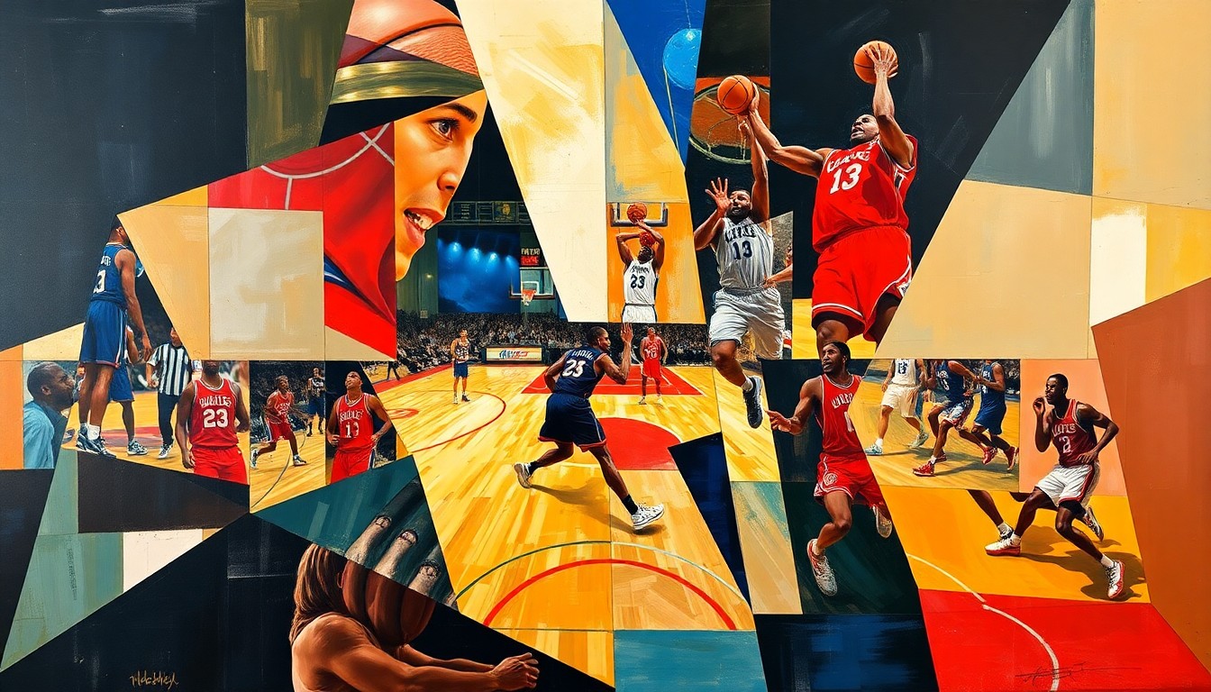A cubist, geometric painting depicting various basketball players and game actions broken down into sharp, overlapping shapes and planes, representing the intricate impact of offseason free agency on the fantasy basketball landscape.