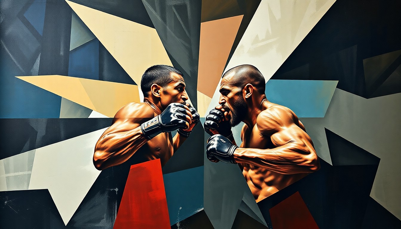 A cubist-style painting depicting a UFC heavyweight fight, with the action broken down into sharp, overlapping geometric shapes and planes in a variety of bold colors, conveying the dynamic nature of the sport.