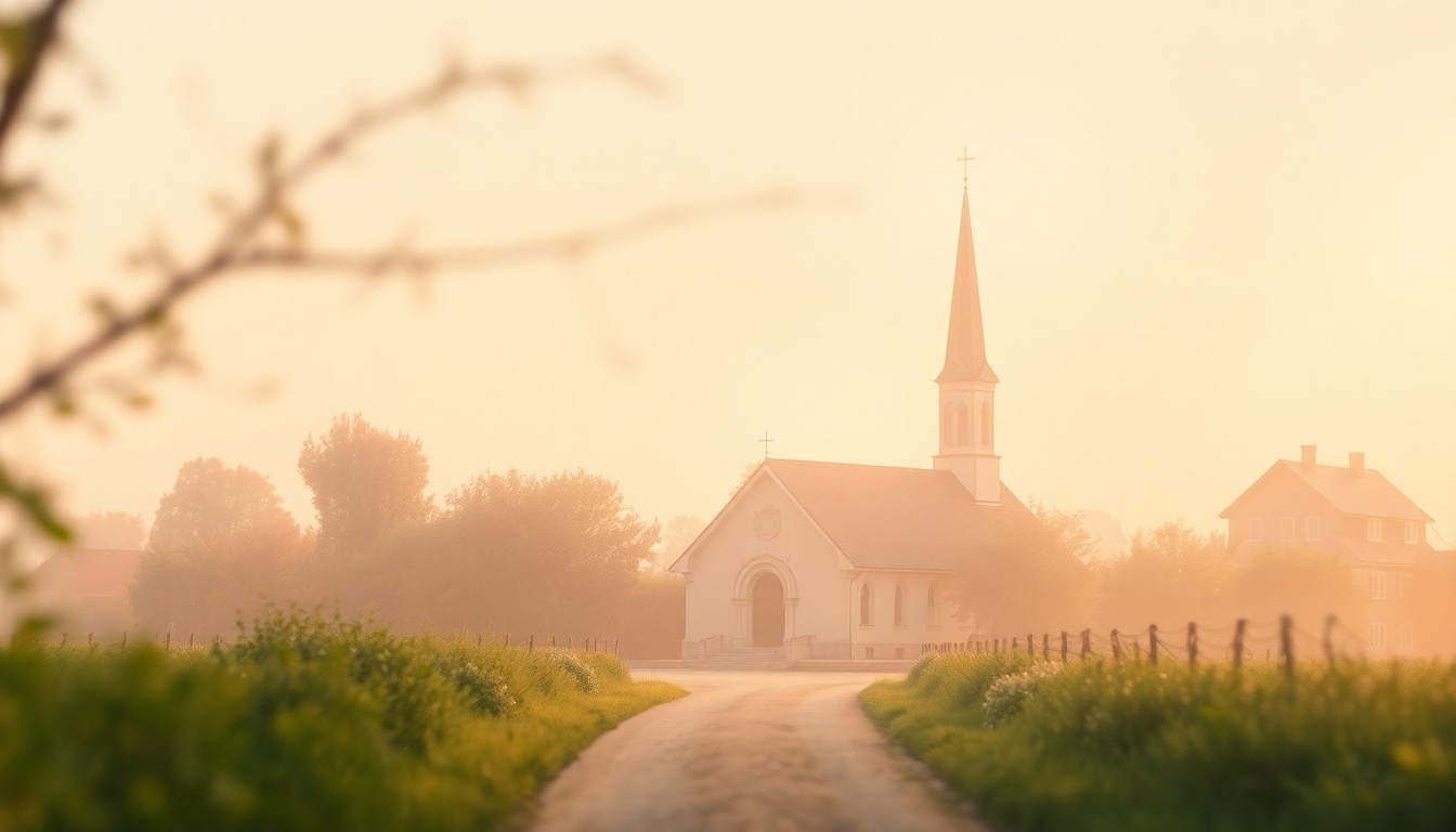 An impressionistic, out-of-focus photograph depicting the soft, warm glow of sunlight filtering through the trees and casting a hazy, dreamlike quality over a country church, capturing the serene and contemplative atmosphere that defined Kathleen A. Breen's life.
