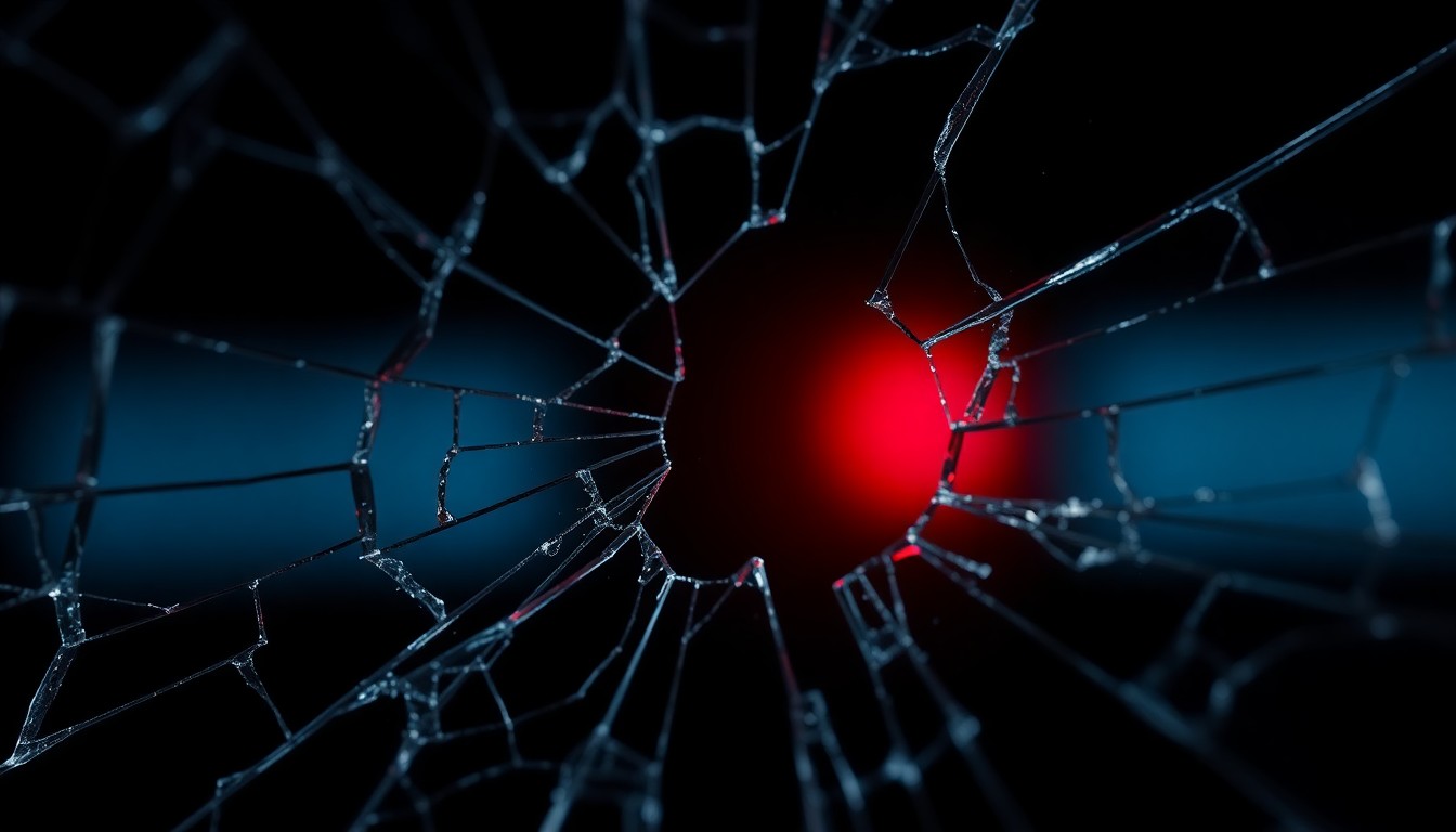An extreme close-up of a broken cell phone screen, the cracked glass reflecting a faint red light, conceptually representing the physical and emotional damage caused by domestic violence.