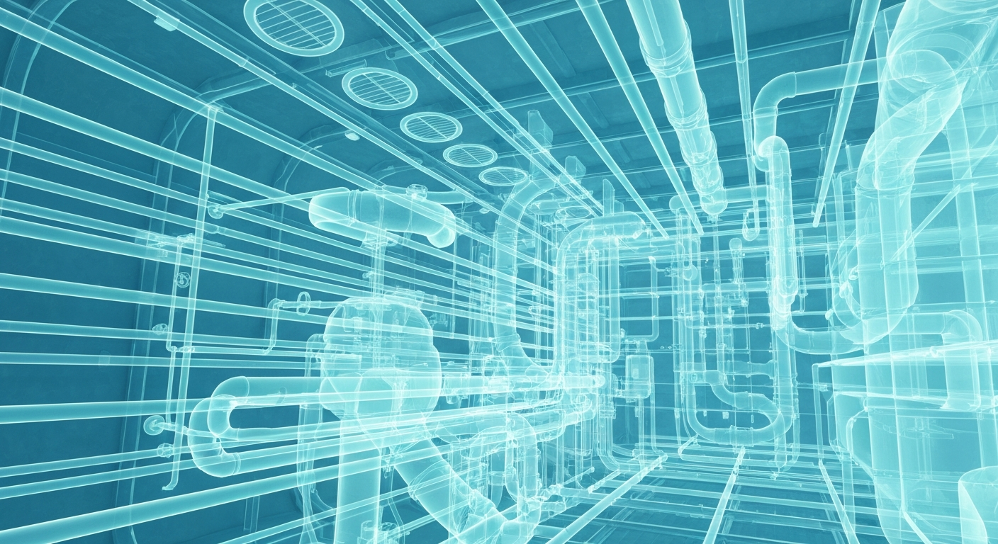 A ghostly, translucent X-ray photograph revealing the intricate network of pipes and ducts that make up the internal plumbing and ventilation systems of a cruise ship, symbolizing the challenges of maintaining sanitation and air quality on board.
