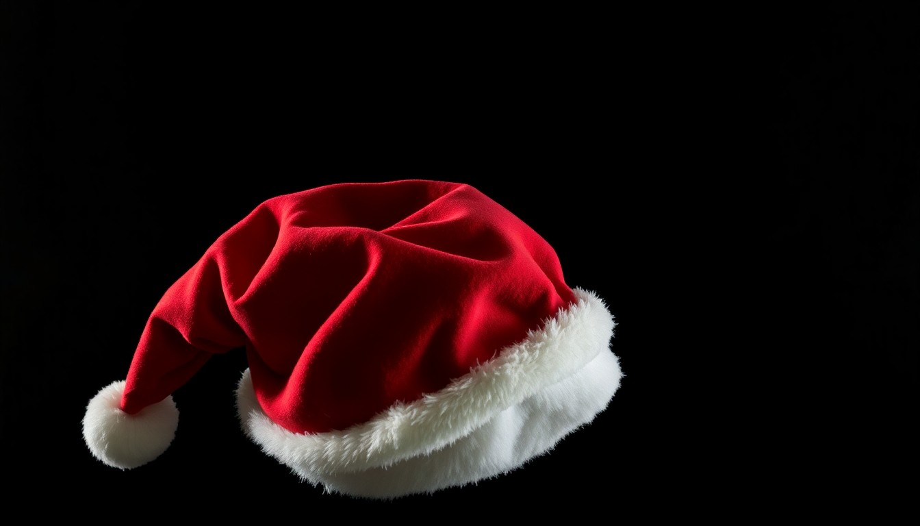 An extreme close-up photograph of a crumpled Santa hat, its red fabric and white trim illuminated by harsh, direct lighting against a pitch-black background, conveying a sense of disillusionment and the tarnishing of holiday cheer.