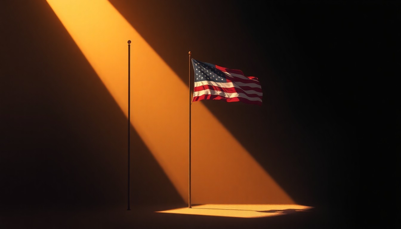 A serene, cinematic painting of an American flag waving in warm, golden sunlight, with deep shadows casting a pensive mood over the scene, conveying the thoughtful nature of the immigration debate.