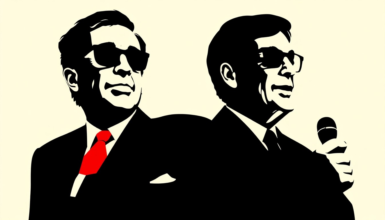An abstract, minimalist illustration featuring bold, jagged black silhouettes of two figures against a bright red background, conceptually representing the influential film critic duo of Gene Siskel and Roger Ebert.