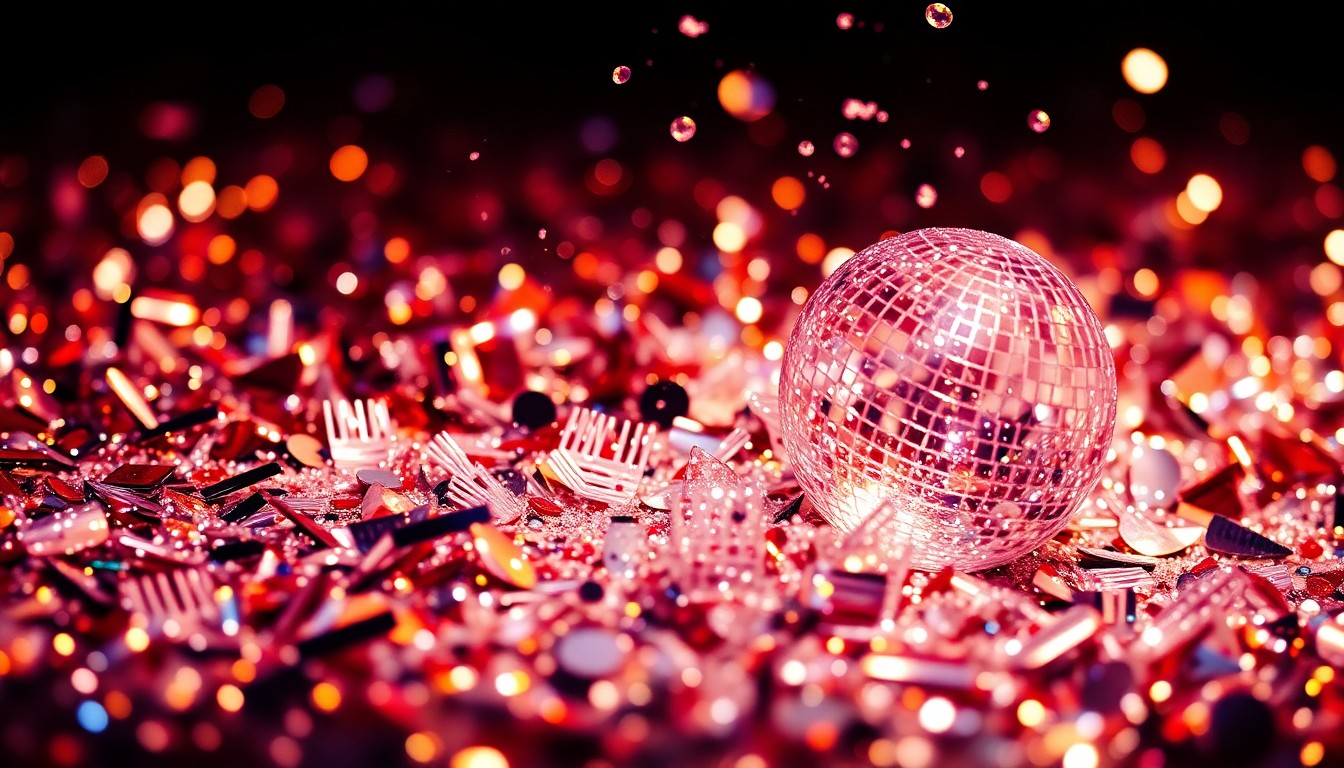 An extreme close-up photograph of shimmering sequins and shards of reflective glass, creating a dazzling, high-contrast texture that evokes the glitz and glamour of a live dance performance.
