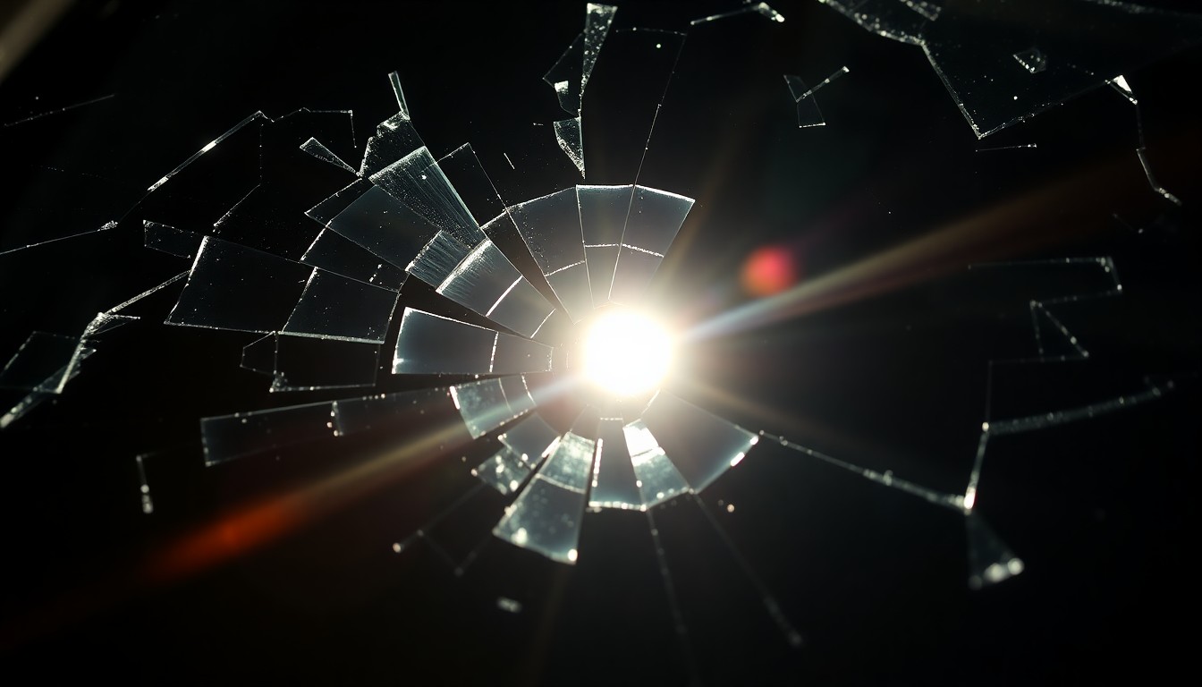An extreme close-up of a shattered car windshield reflecting a harsh camera flash, conceptually illustrating the tragic consequences of a fatal drunk driving collision.
