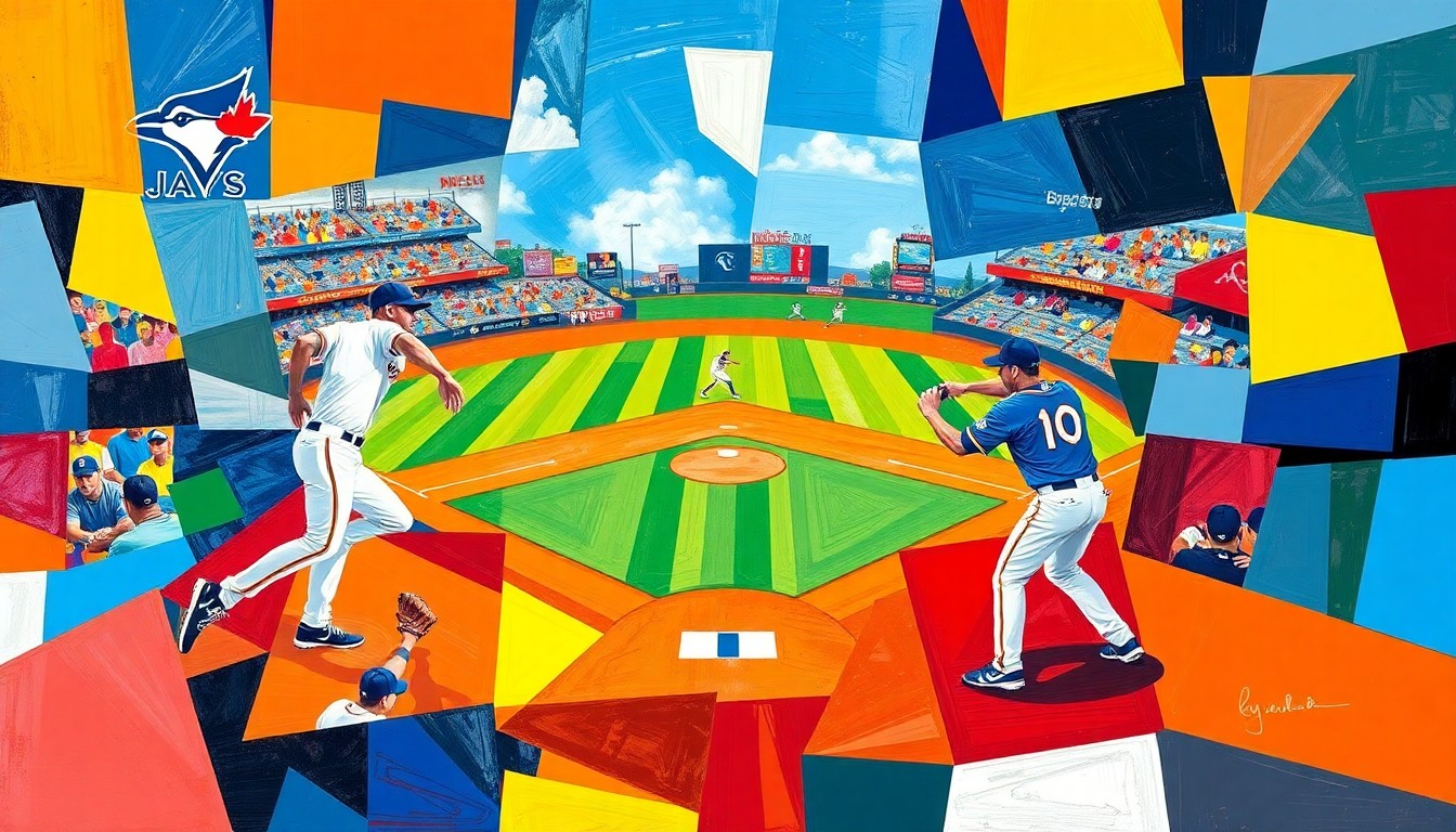 A fragmented, geometric painting depicting the motion and energy of a baseball game, with the players and field broken down into sharp, overlapping shapes and planes in the style of Pablo Picasso.