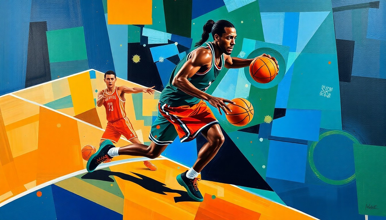 A fractured, geometric painting depicting a basketball player in motion, with their limbs and the ball broken down into sharp, overlapping planes of deep blues, greens, and oranges, conveying the intensity and energy of the sport.