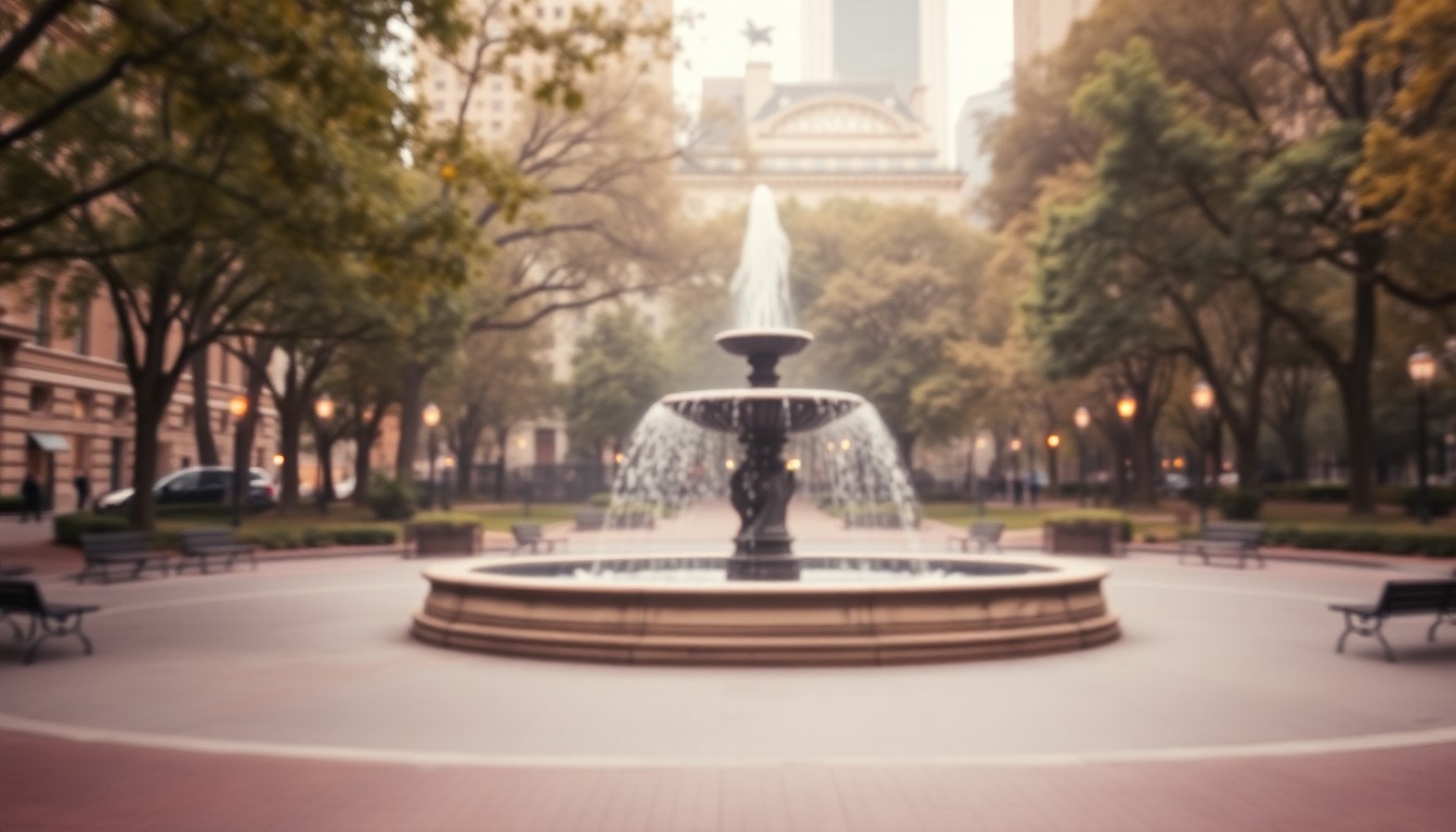 An impressionistic, out-of-focus photograph of Rittenhouse Square in Philadelphia, with the iconic fountain and surrounding trees and benches visible in a hazy, dreamlike composition of warm, muted colors, conceptually representing the serene setting where radio host Pierre Robert often found peace.