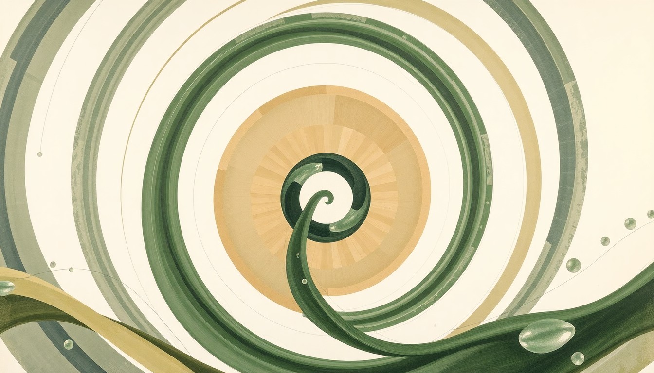 An abstract, highly structured painting in muted tones of green, brown, and grey, depicting complex geometric shapes and waveforms that conceptually represent the chemical recycling process and the flow of plastic pollution through the environment.