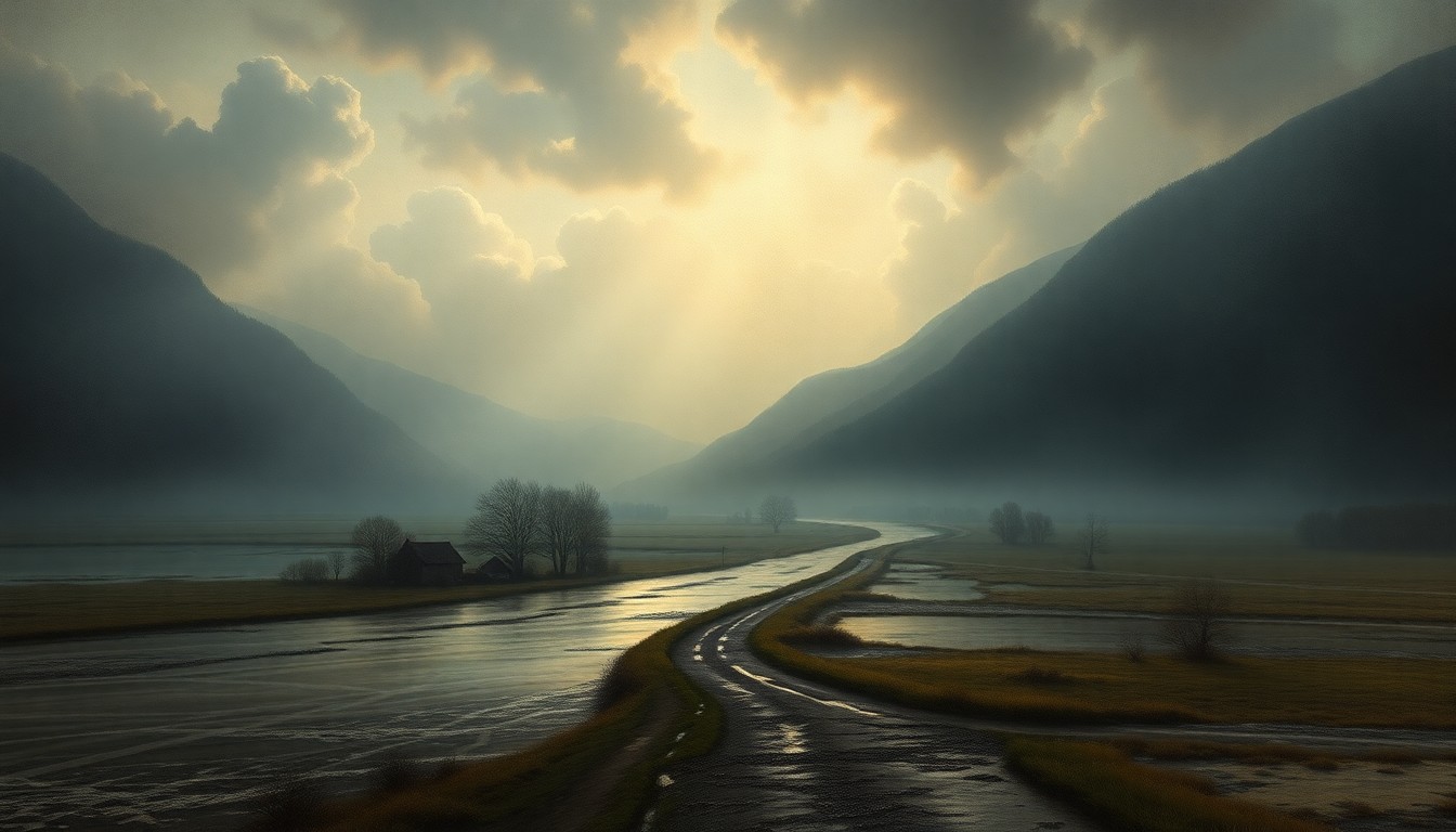 A sweeping, atmospheric landscape painting in muted tones of blue, grey, and green, depicting a flooded rural area with only the tops of buildings and roads visible above the rising waters, conveying the overwhelming power of the natural disaster.