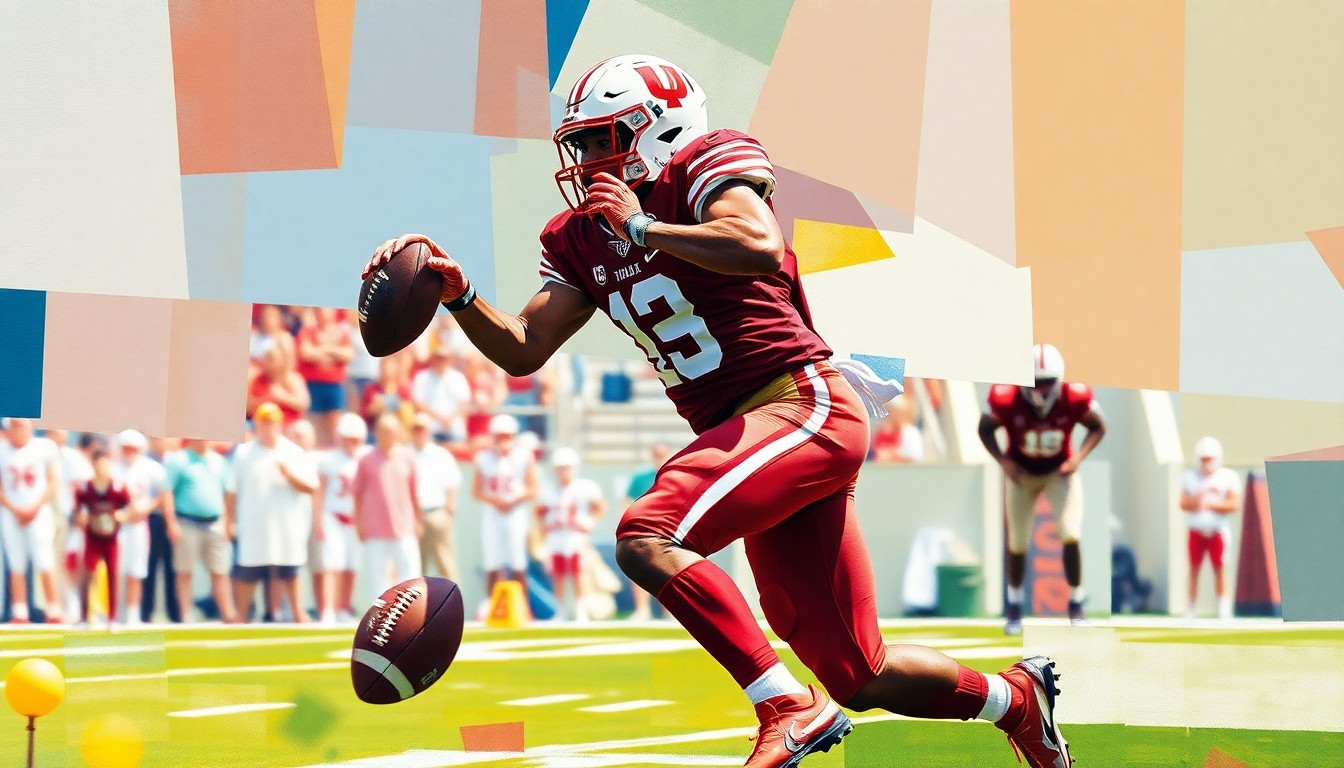 A fractured, cubist-style painting depicting the abstract movements and energy of a college football safety making a play, with the player's identity obscured into geometric shapes and planes of Indiana's crimson and cream colors.