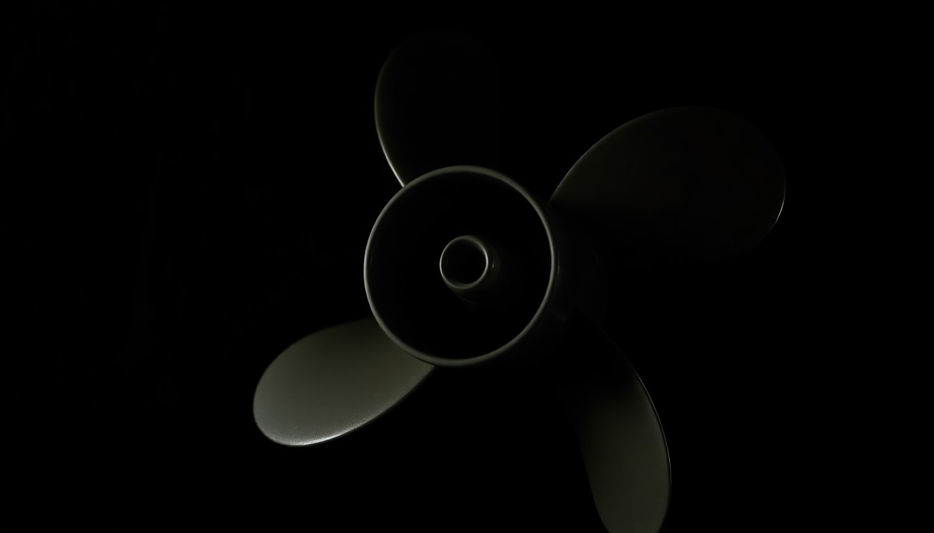 An extreme close-up photograph of a boat propeller against a pitch-black background, lit by a harsh, direct camera flash, conceptually illustrating the dangers of boating under the influence.