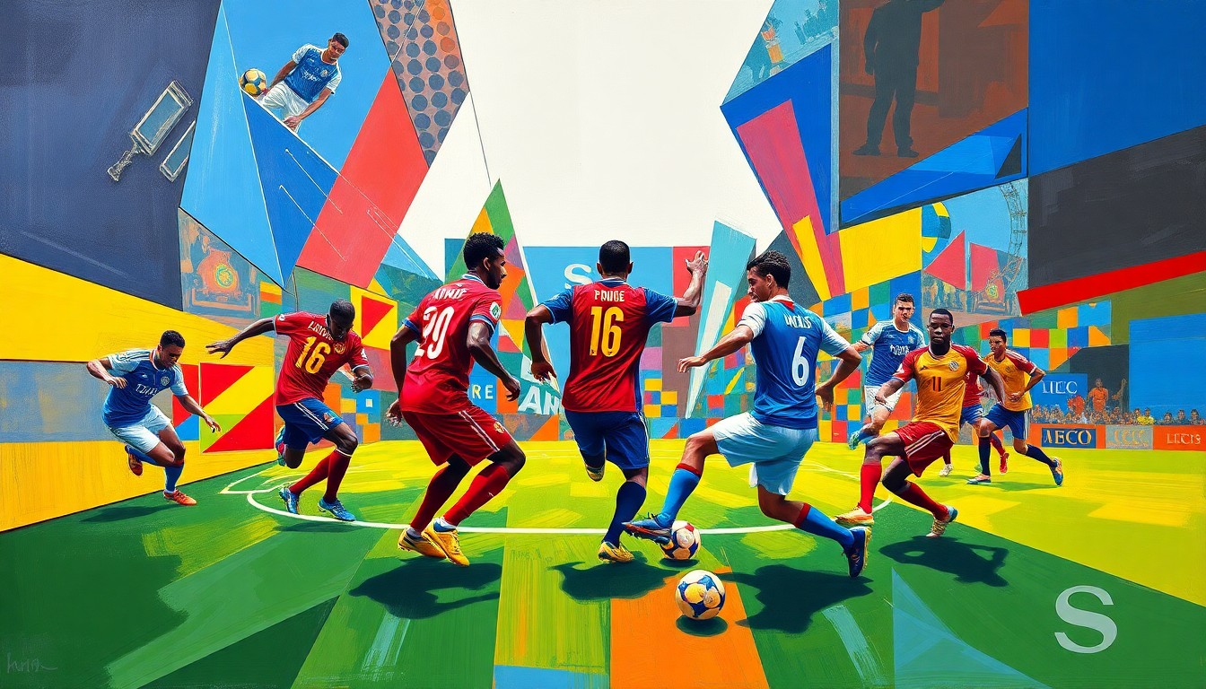 A cubist, geometric painting depicting a soccer match or training session, with players and the field broken down into sharp, overlapping planes of vibrant colors like blue, red, and yellow, conceptually representing the Democratic Republic of Congo national team's preparations in Houston for the 2026 World Cup.