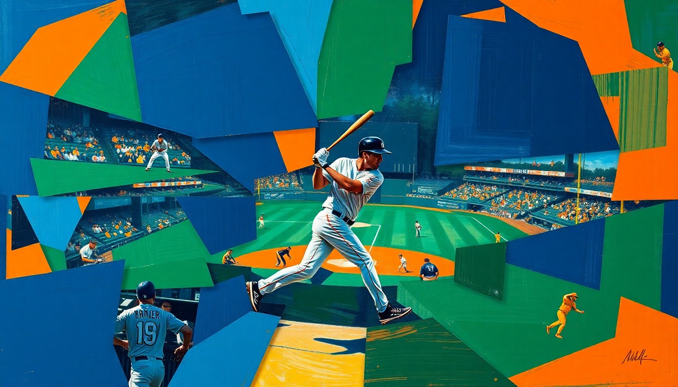 A cubist, geometric painting depicting a baseball player's batting stance, broken down into overlapping planes of navy blue, forest green, and burnt orange, conceptually representing the multifaceted legacy of Ryan Braun's career.