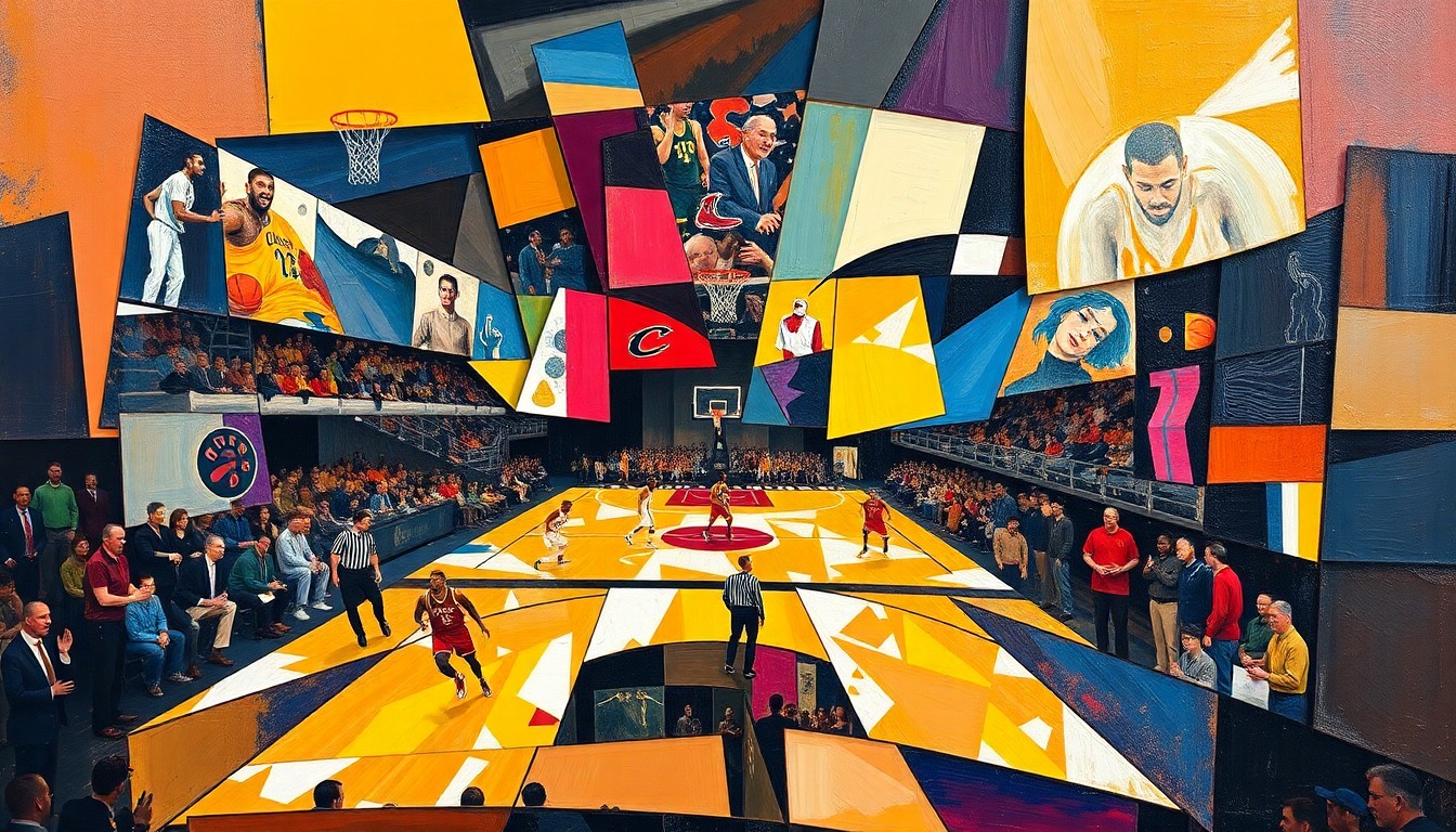 A fragmented, geometric painting depicting a basketball game between two teams, with the players and court broken down into sharp, overlapping shapes and planes of color, conveying the intensity and competitiveness of the playoff matchup.