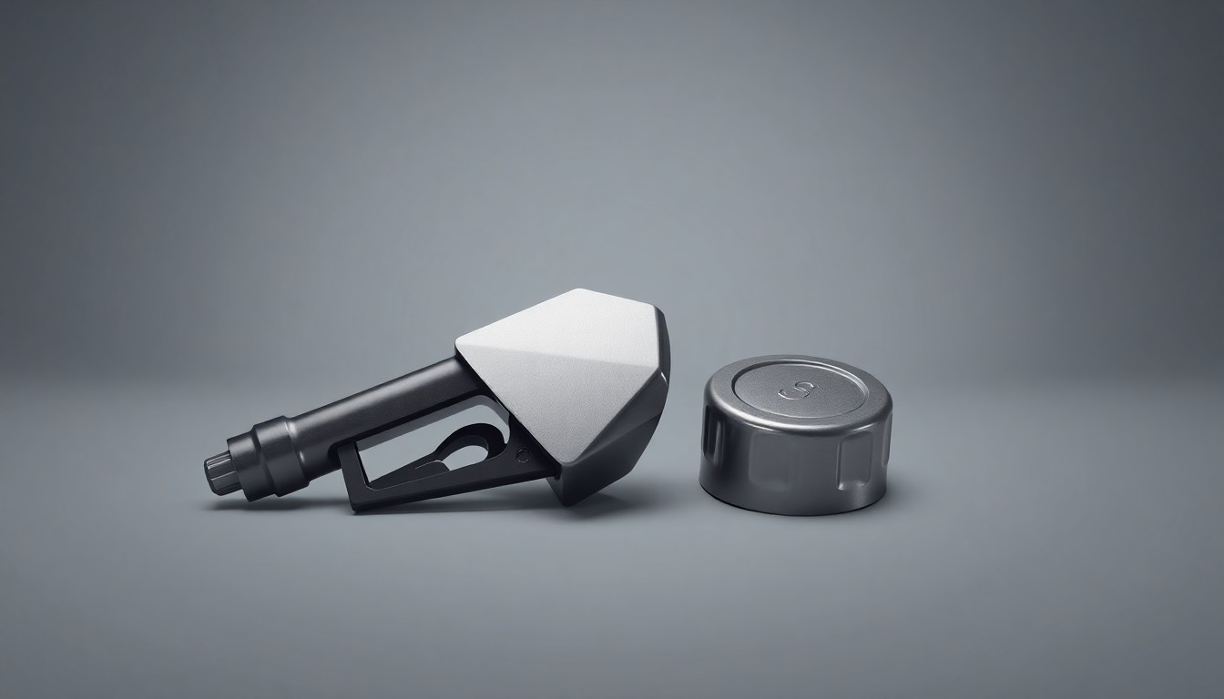 A close-up photograph of a shiny, metallic gas pump nozzle and fuel cap resting on a plain white background, conveying the abstract concept of community tensions over corporate development plans.