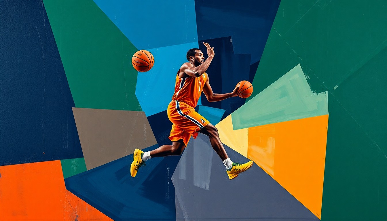 A cubist-style painting depicting a basketball player in mid-motion, broken down into sharp, overlapping geometric shapes in a color palette of navy, green, and orange, conveying the intense energy and physicality of playoff basketball.