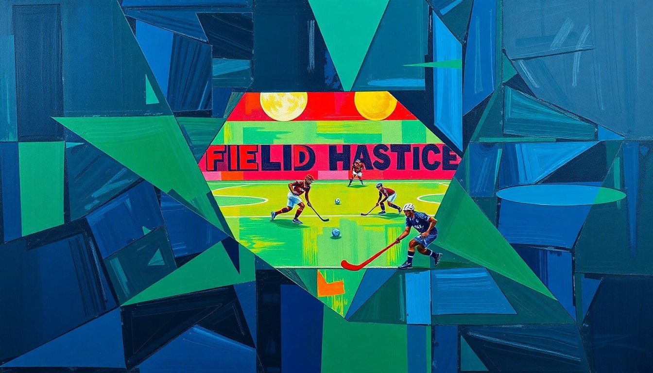 A cubist, geometric painting depicting a field hockey game broken down into sharp, overlapping planes of navy, green, and red, conveying the dynamic energy and strategic complexity of the sport.