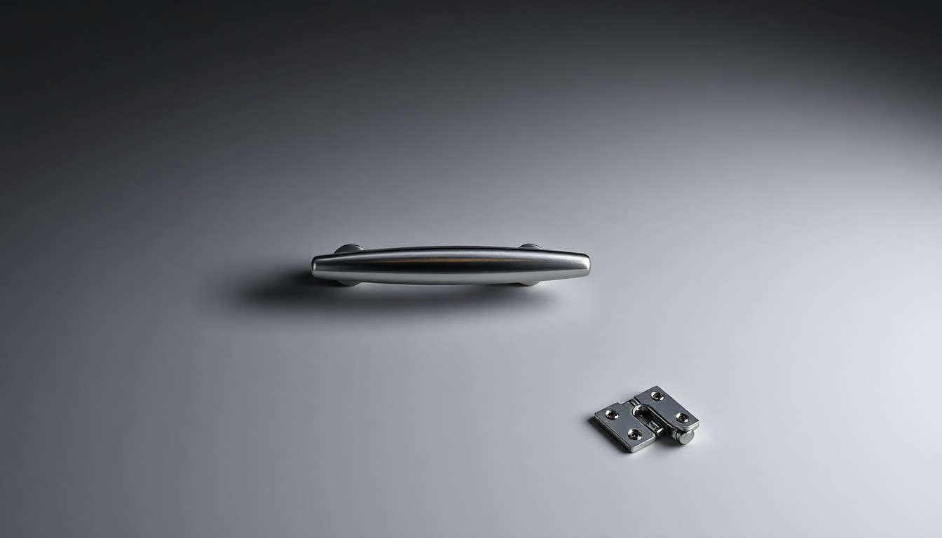 A close-up photograph of a polished aluminum garage door handle and hinges arranged elegantly on a clean, monochromatic background, conveying the premium quality and craftsmanship of R&S Wholesale Doors' products.