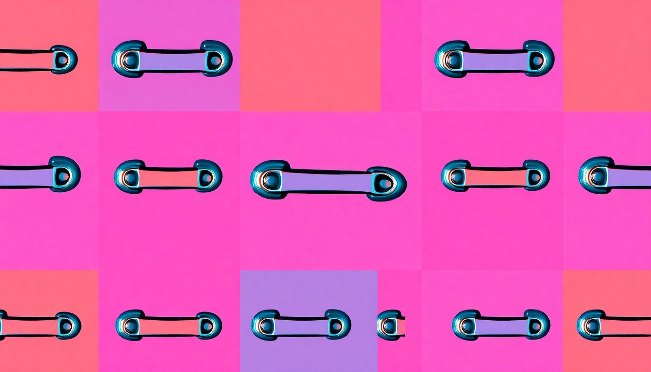 A grid of brightly colored, high-contrast silkscreen images of a garage door handle, conceptually representing the expanded services of a local home repair business.